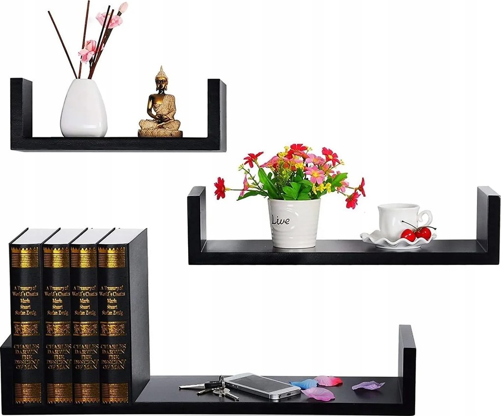 3 Polc 24/34/44cm Fehér Tölgy Fekete Lógó Könyv Fal Konyha Nappali