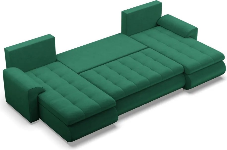 Tokio U alakú sarokkanapé, 3 ágyneműtartóval, bársony, univerzális oldal, zöld