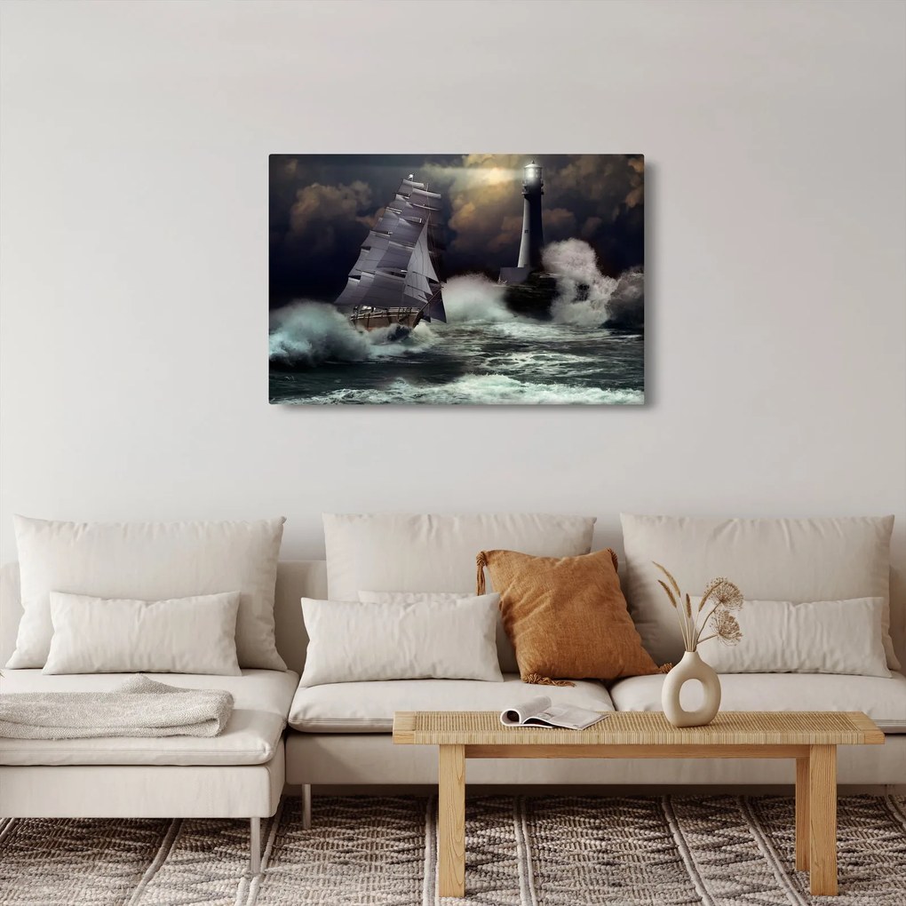Kép - Viharos hullámokon áthajózó hajó (90x60 cm)