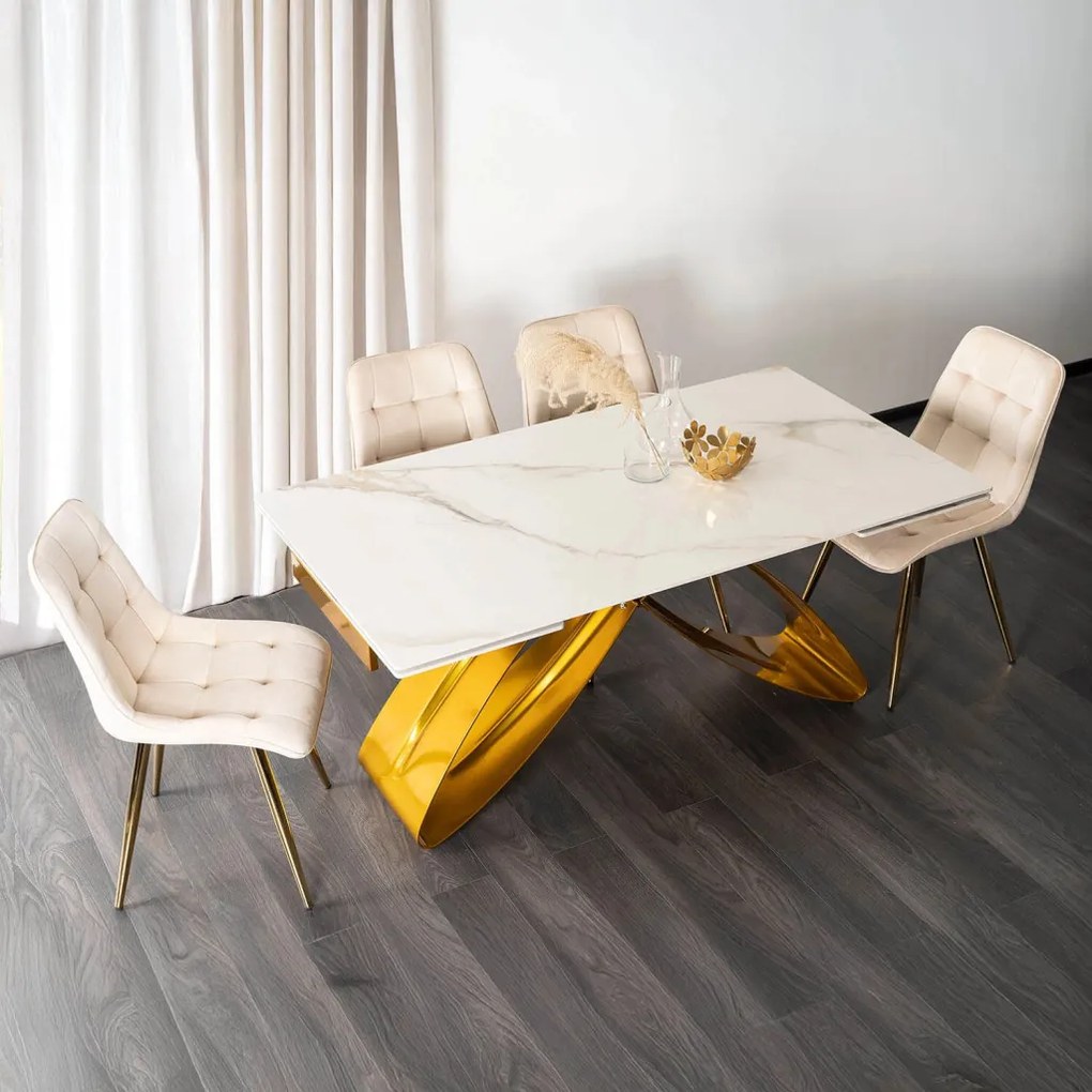 Fehér Márványhatású Bővíthető Kerámia Asztal Arany Lábbal. LUIGI 160-240 cm