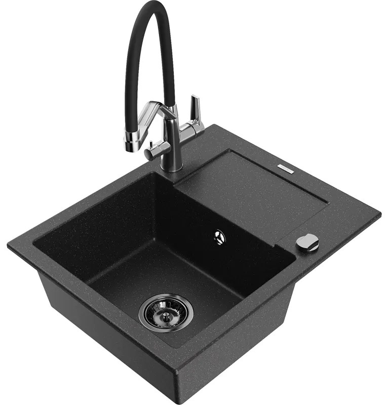 Mexen Enzo egykamrás gránit mosogatótálca csepegtetővel és Duo konyhai csapteleppel, fekete/ezüst metál - 6506-73-671701-07-B
