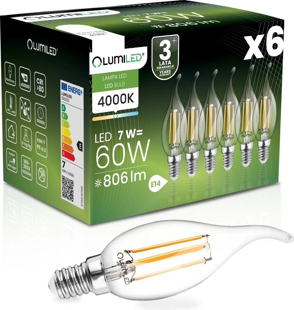 6x Led izzó Láng BA35 E14 7W 60W 4000K Semleges 360° Fil Lumiled