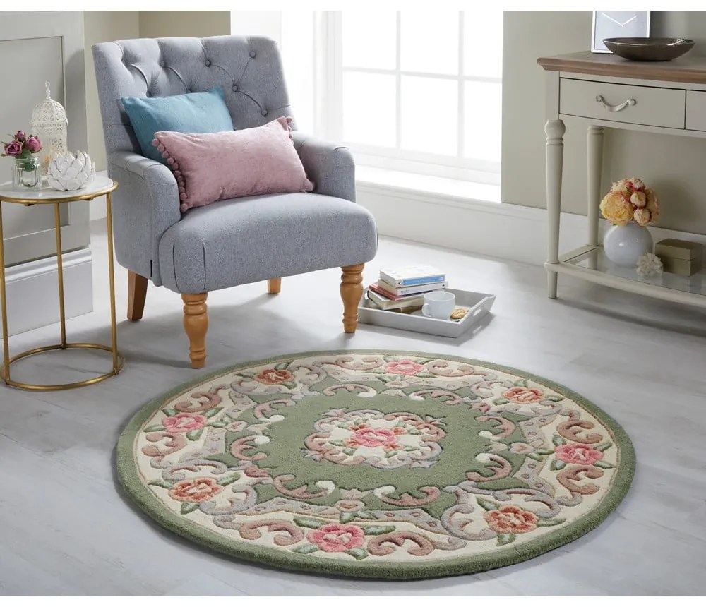 Aubusson zöld gyapjú szőnyeg, ⌀ 120 cm - Flair Rugs
