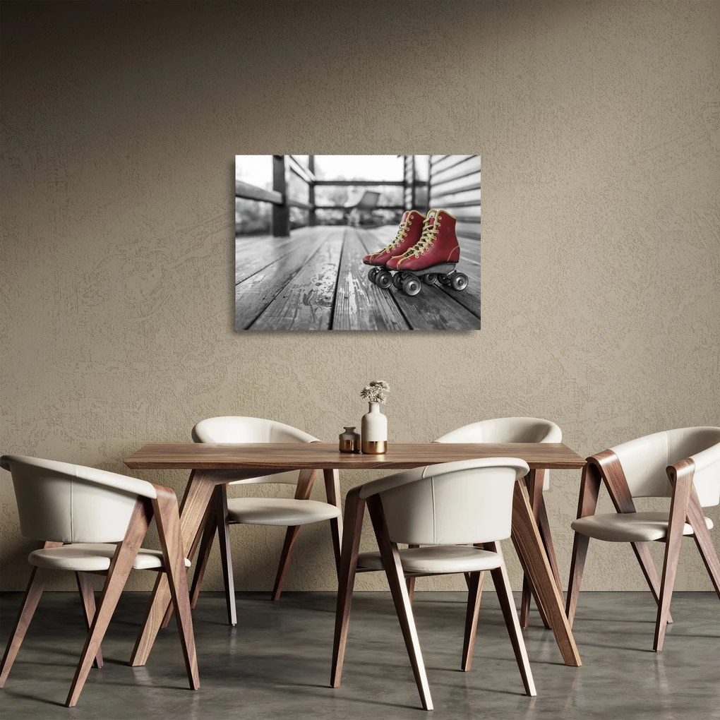 Egy piros régi görgős cipő képe (üvegen) (70x50 cm)