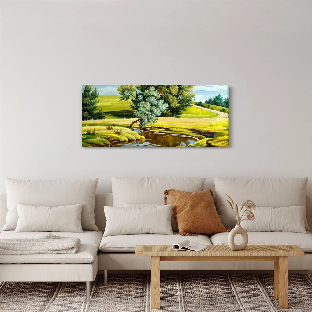 Kép - folyó a rétek között,, olajfestmény (120x50 cm)