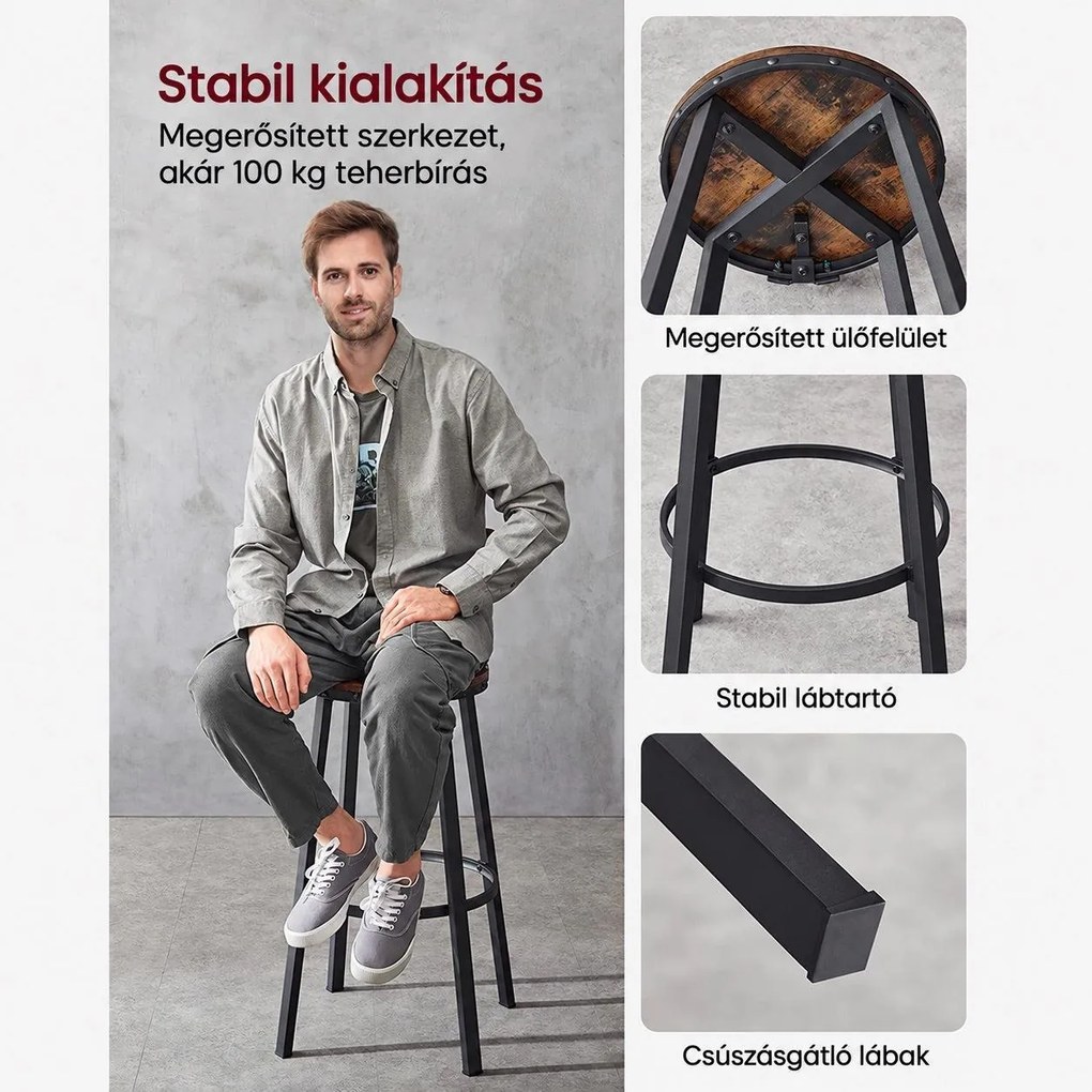 VASAGLE 2 db-os bárszék szett háttámlával és lábtartóval, 73 cm ülésmagassággal, acélvázzal, rusztikus barna és fekete