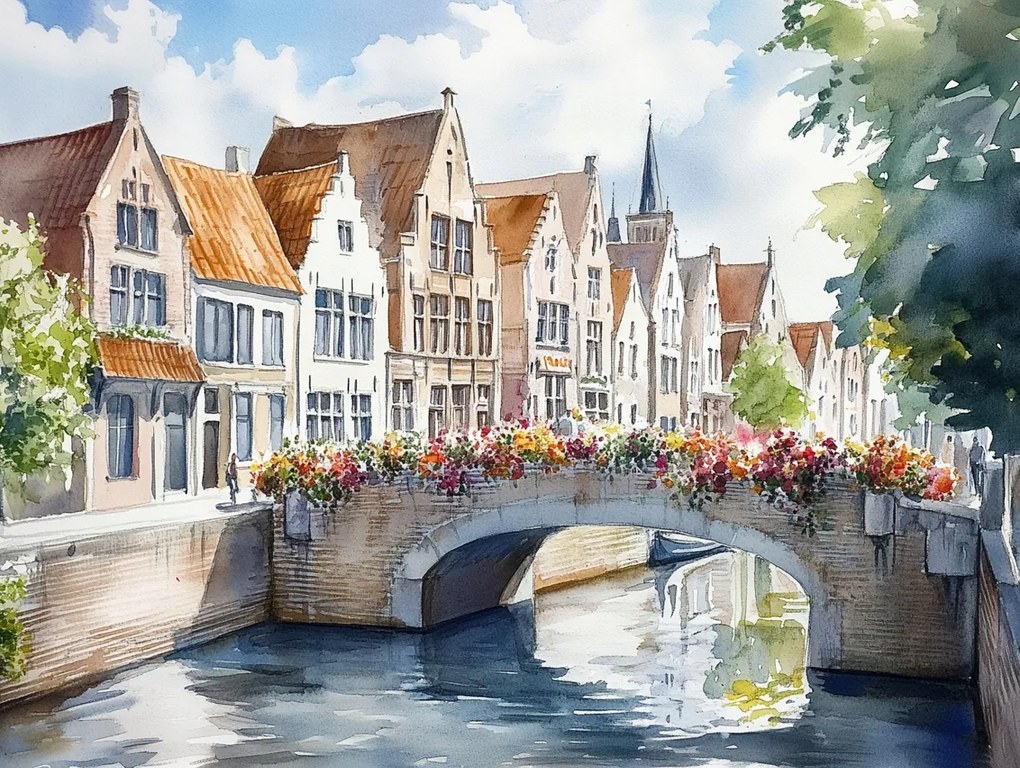 Vászonkép Canvas Város Óváros Belgium Brugge Híd Virágok 80x60
