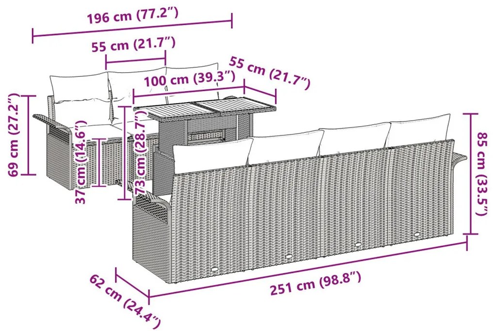 8 Részes Kerti Sofa Szett Párnákkal Bézs Poli Rattan Akáciából