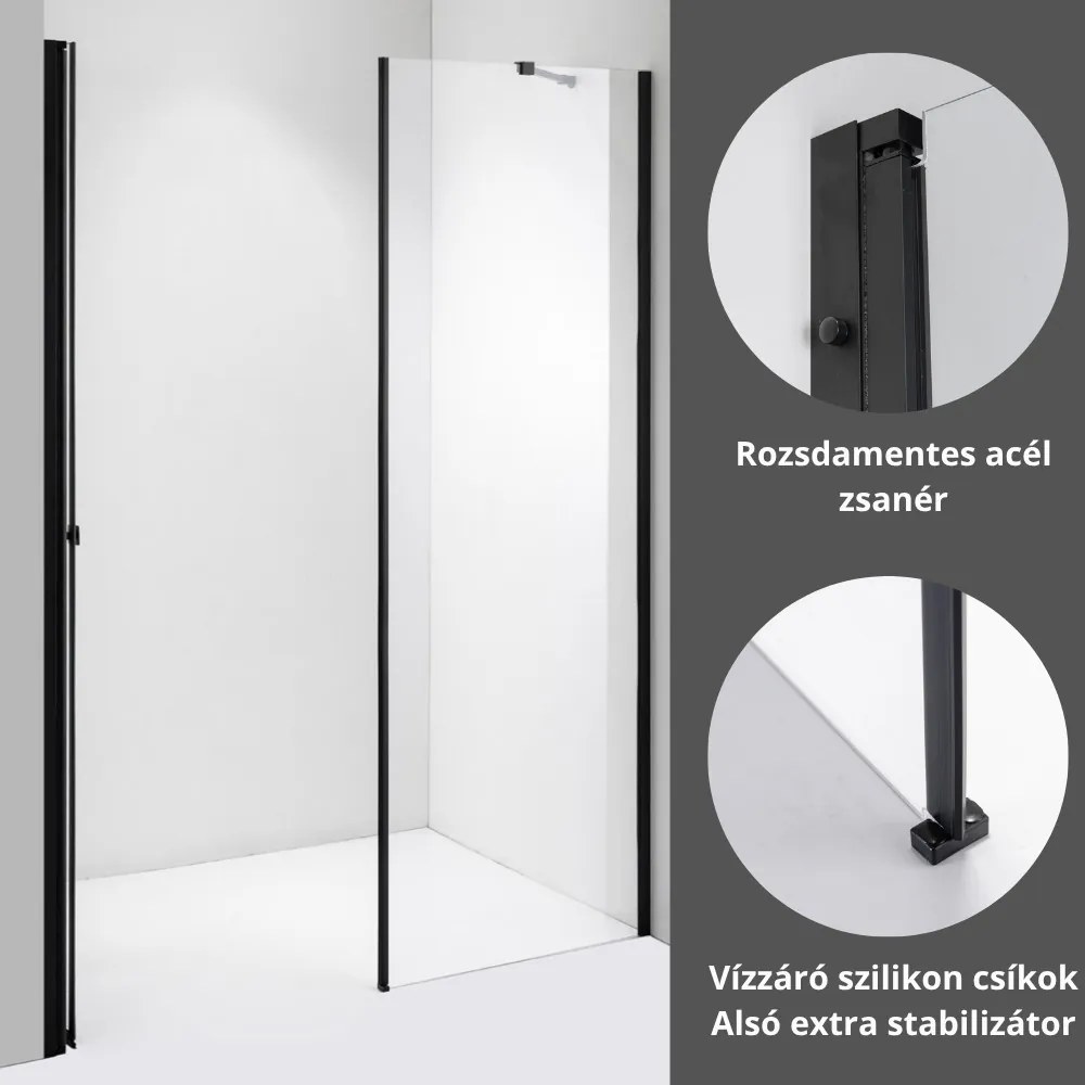 Stuxi Verona Fix Black 180 cm (90+90) széles csukló zuhanyajtó fix fallal, 6 mm vízlepergető üveggel, matt fekete profillal, 195 cm magas