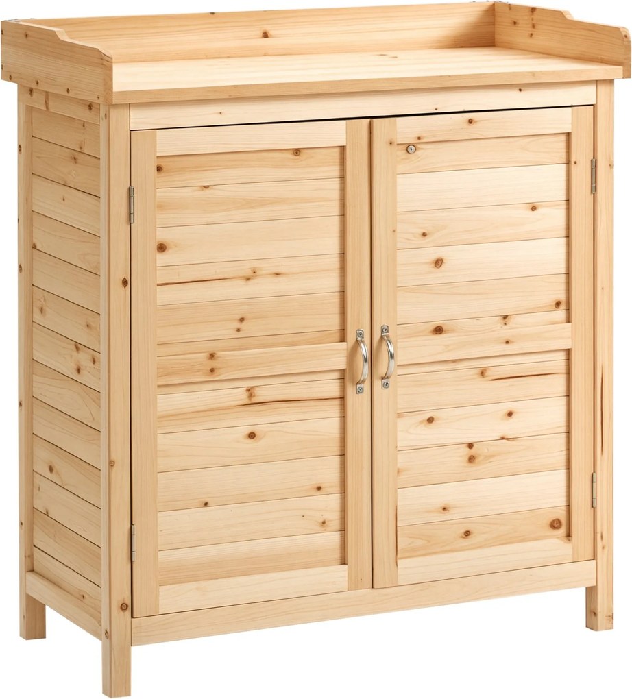 Outsunny Fa Kerti Szekrény Kültéri Tároló Műhely 2 Ajtóval, Polccal és Emelt Lábakkal Teraszra, Patio 83x40x92 cm Természetes | Aosom