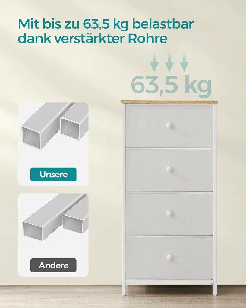 Fiókos szekrény hálószobába 4 szövetfiókkal, komód, 30 x 45 x 91,7 cm, fehér tölgy