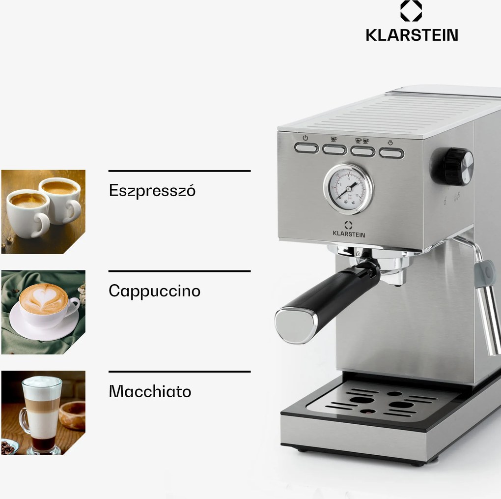Klarstein Pausa, eszpresszógép, 1350 W, 20 bar, 1,4 l, rozsdamentes acél