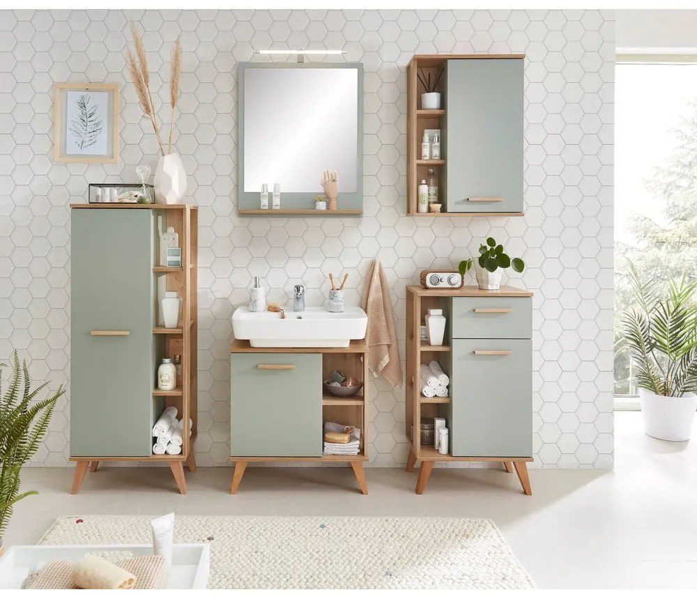 Zöld függő fürdőszoba szekrény tölgyfa dekorral 51x75 cm Set 963 - Pelipal