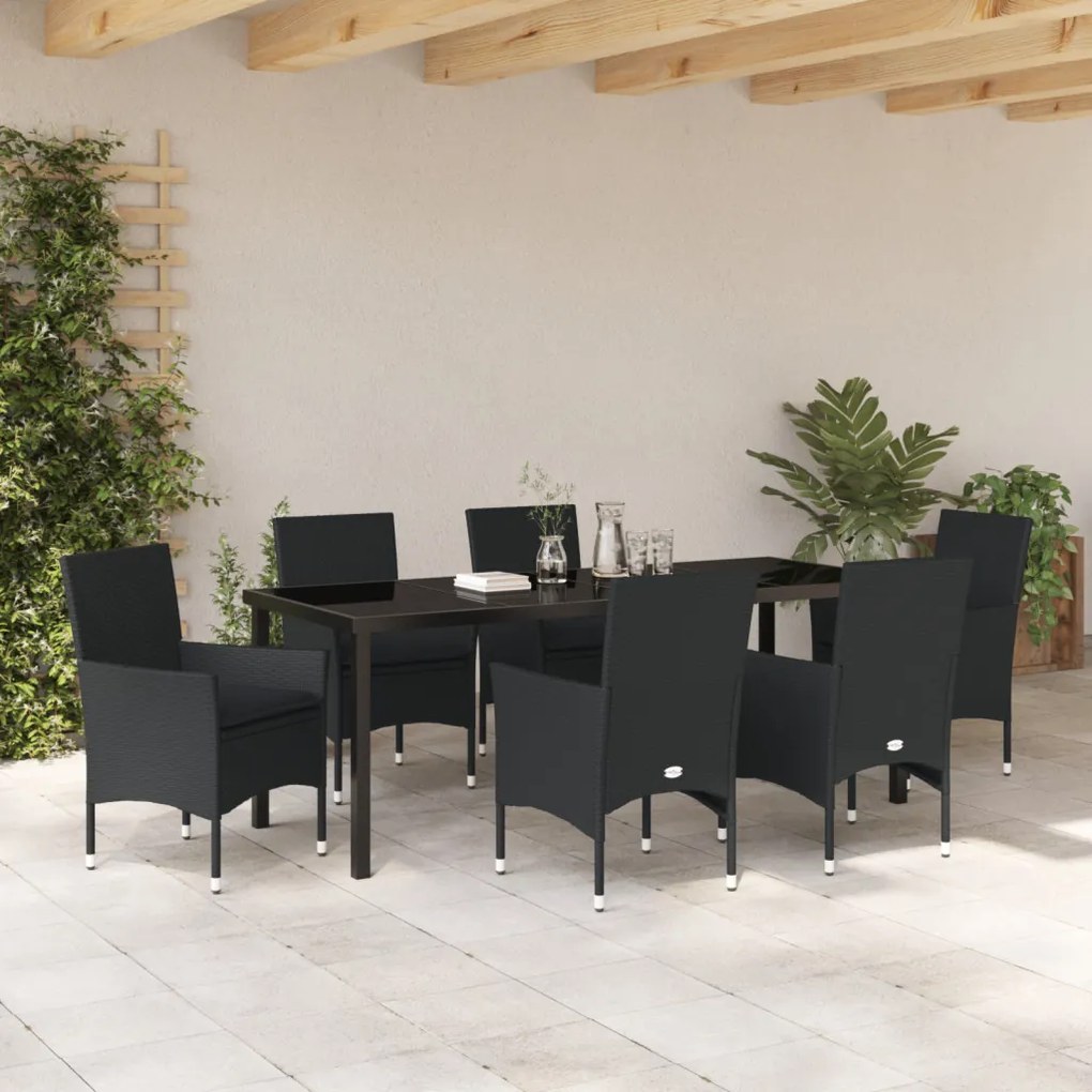 7 Darabos Kert Étkező Készlet Párnákkal Fekete Poli Rattan, Kert Asztal Fekete 200x80x73 cm Edzett Üveg