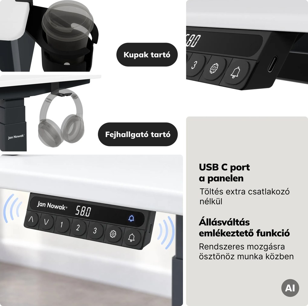 Elektromos íróasztal magasságállítással ergonomikus antracit-fehér, 1600x800 mm: ARIA
