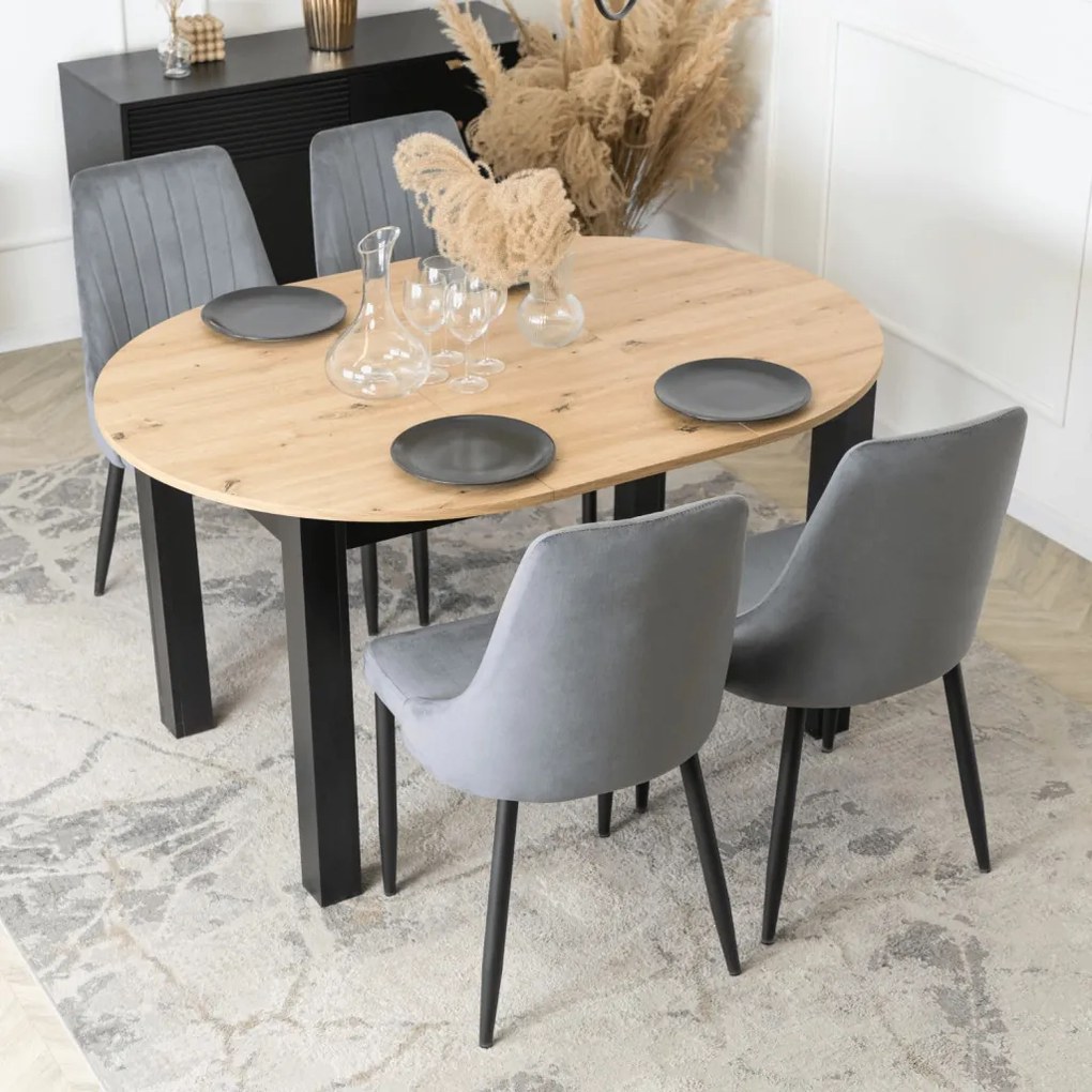 Étkezőszett HARRY asztal 102–142 cm artisan tölgy/fekete + 4 BARI szék szürke