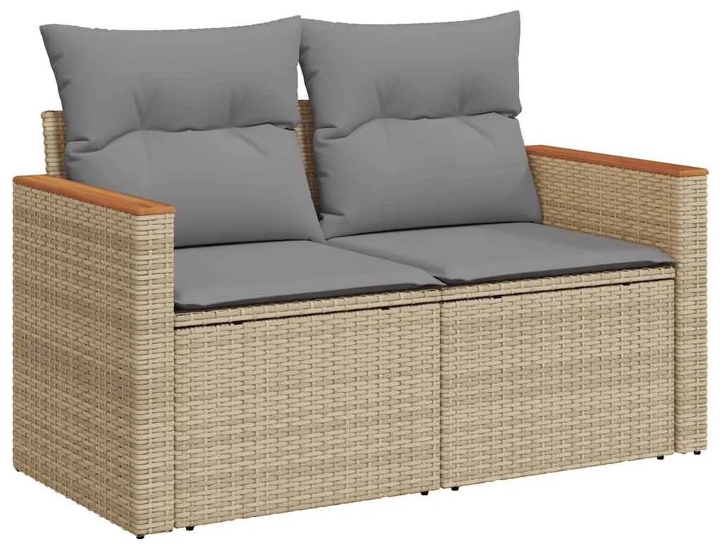 6 részes bézs polyrattan akácfa kerti ülőgarnitúra párnával