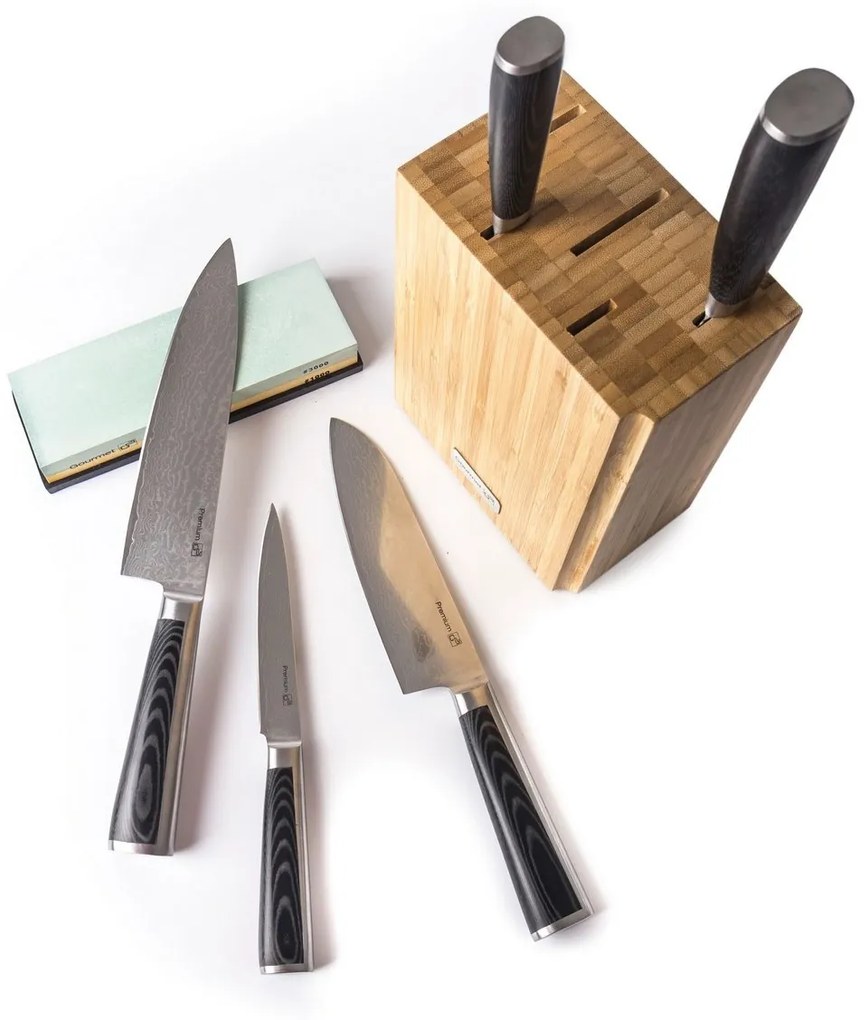 G21 Damascus Premium késkészlet bambusz blokkban, doboz, 5 db + köszörűkő