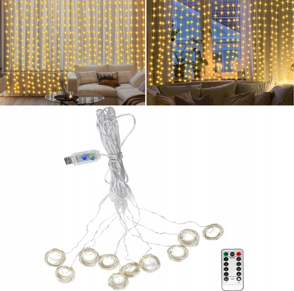Led curtain karácsonyi fénylánchoz, 300 LED-es üzemmóddal