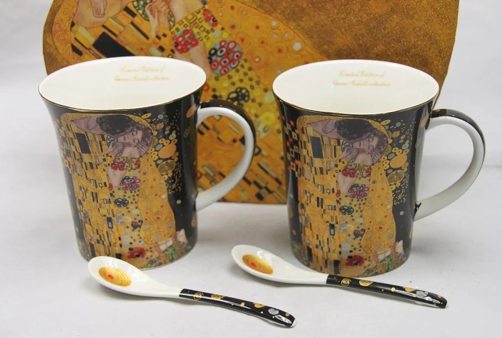 Klimt porcelán bögre szett kanállal 2 személyes szív dobozos fekete