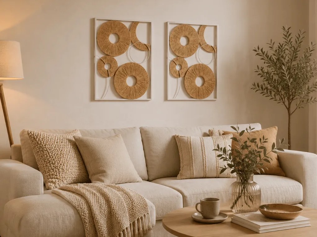 2 db falra szerelhető dekorációs készlet CIRCLES fém, 48x68 cm, fehér/bézs
