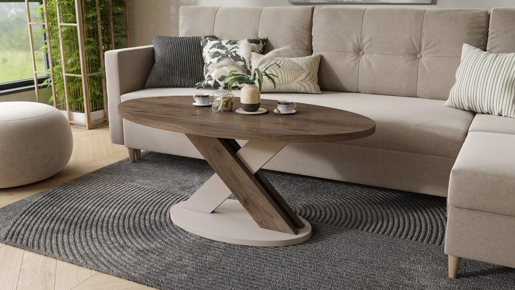 Mazzoni LOXA ovális dohányzóasztal Elegant Dió / Taupe Bézs - DOHÁNYZÓASZTAL 120x65 cm