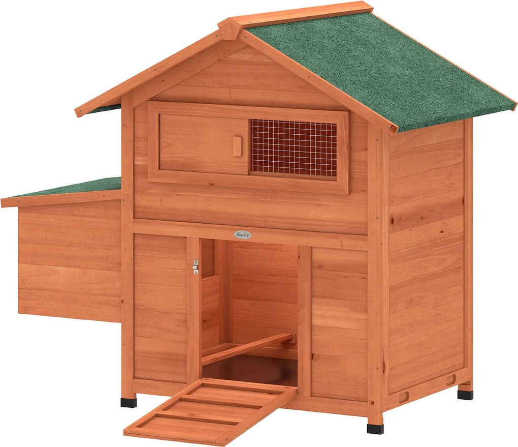 PawHut fa tyúkól 113,5 x 67,5 x 95,5 cm — fészekdobozzal, 2 ülőrúddal, rámpával, csúsztatható ablakkal, vízálló tetővel, kihúzható tálcával — 2 tyúk/k