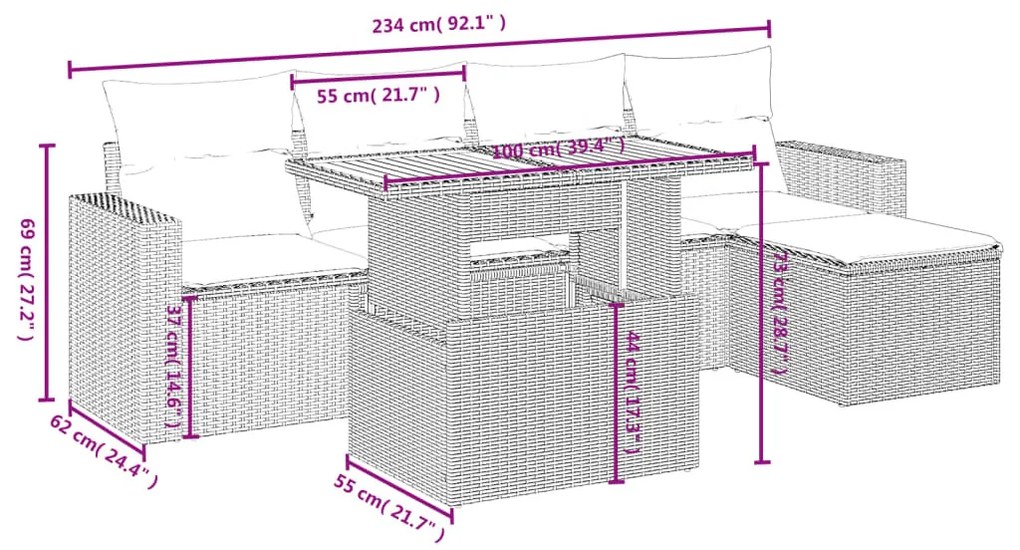 6 részes fekete polyrattan kerti ülőgarnitúra párnákkal