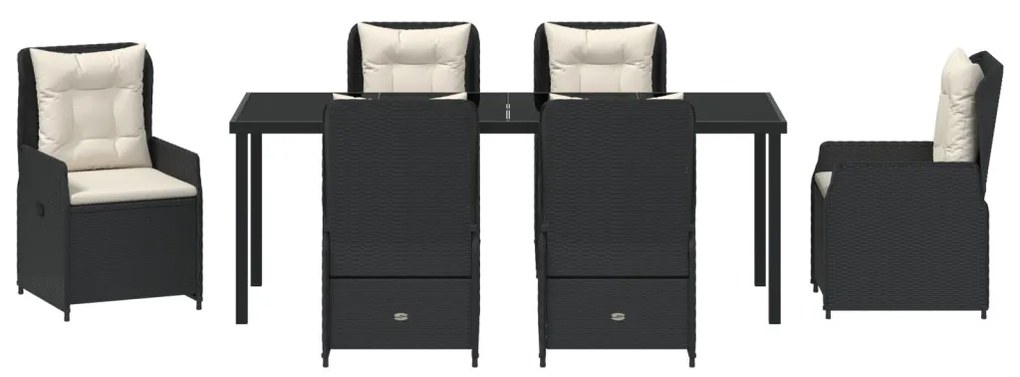 7 Részes Kerti Étkezősor Fekete Poli Rattan, Kerti Asztal Fekete 200x80x73 cm Edzett Üvegből