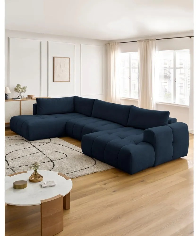 Sötétkék kinyitható-tárolóhelyes sarokkanapé (bal oldali-U alakú) Fuji – Bobochic Paris