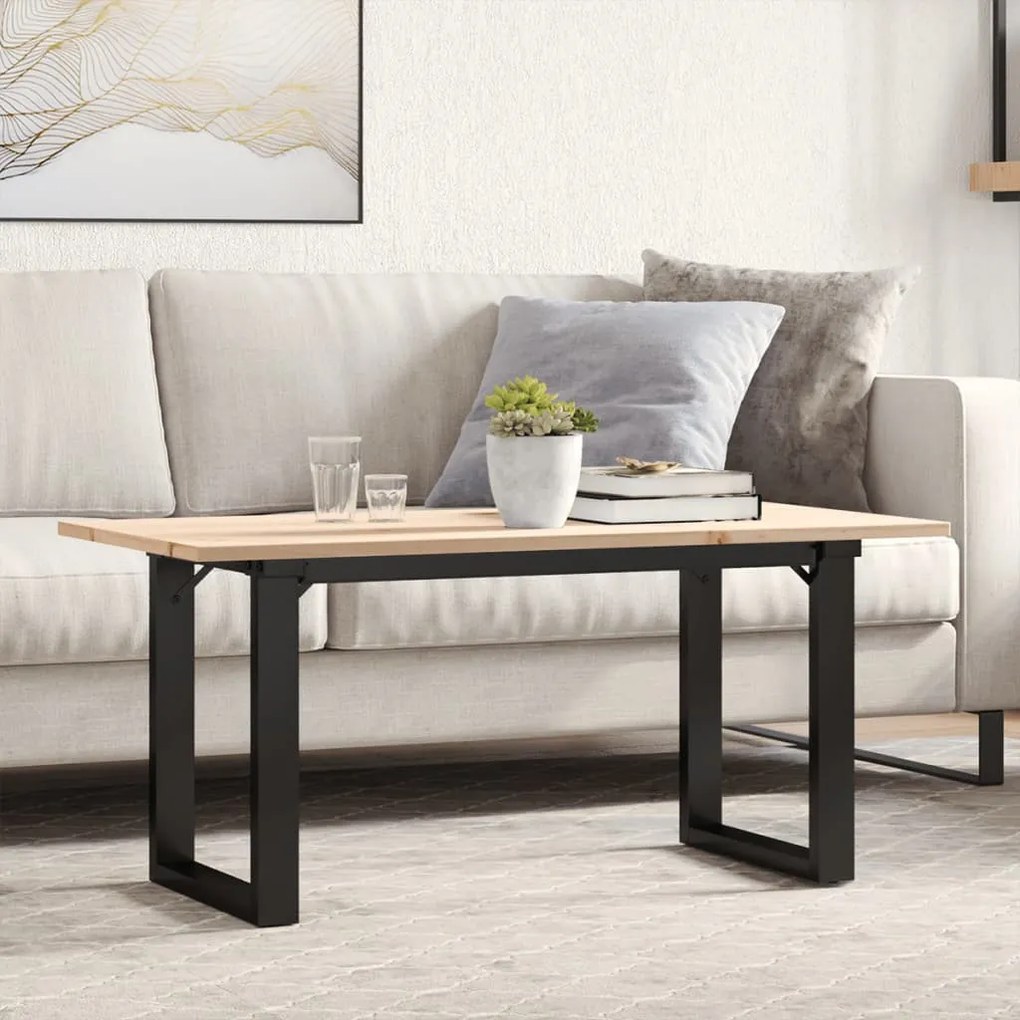 tömör fenyőfa és öntöttvas dohányzóasztal O-vázzal 100x50x45 cm