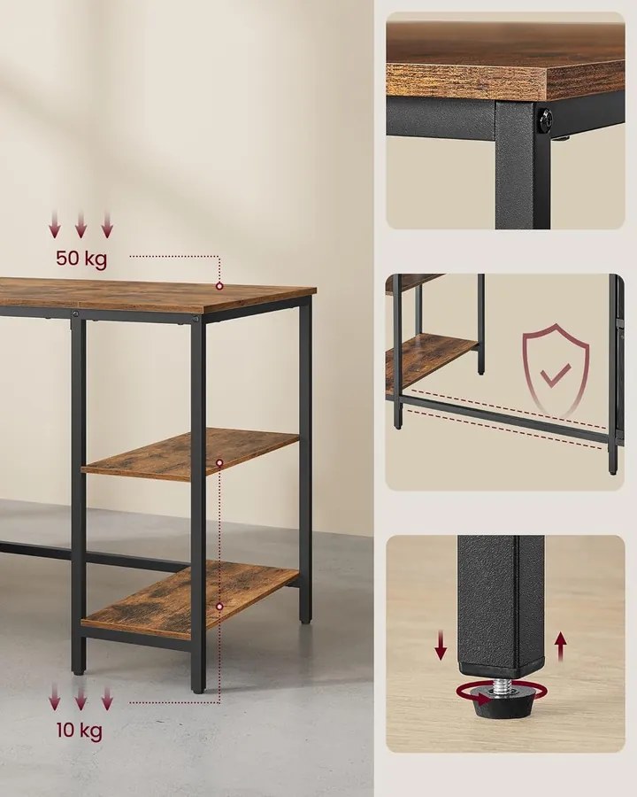 VASAGLE számítógépasztal, íróasztal 3 polccal, 60x140 cm, barna és fekete