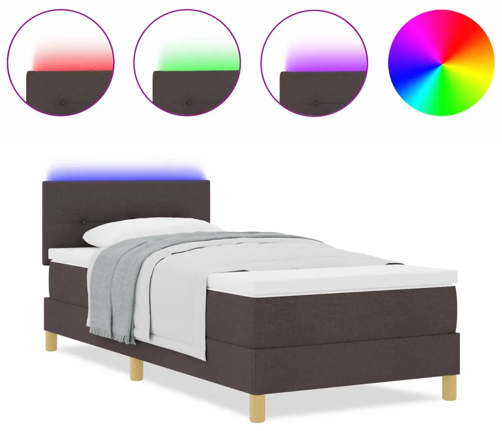 Boxspring ágy matraccal és LED fénnyel sötétbarna 80x200 cm szövet