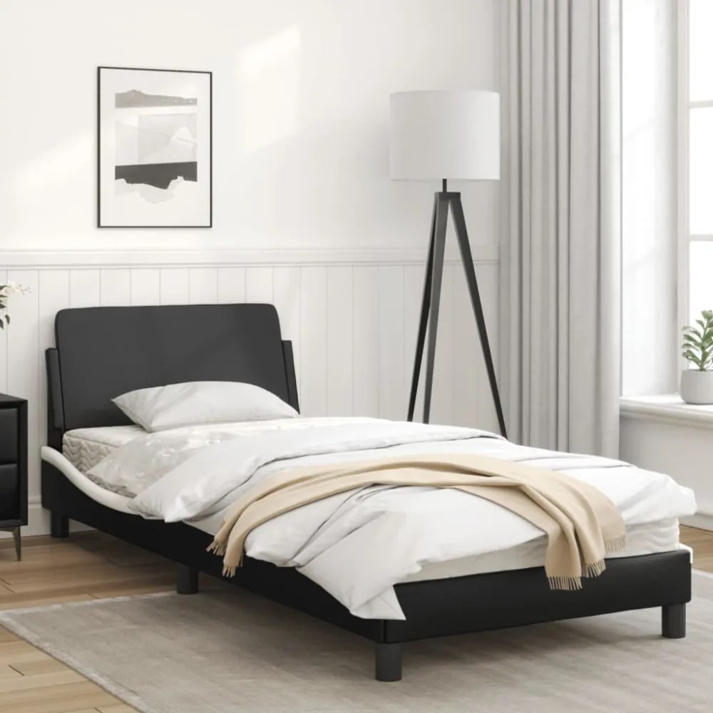fekete és fehér műbőr ágykeret fejtámlával 80 x 200 cm