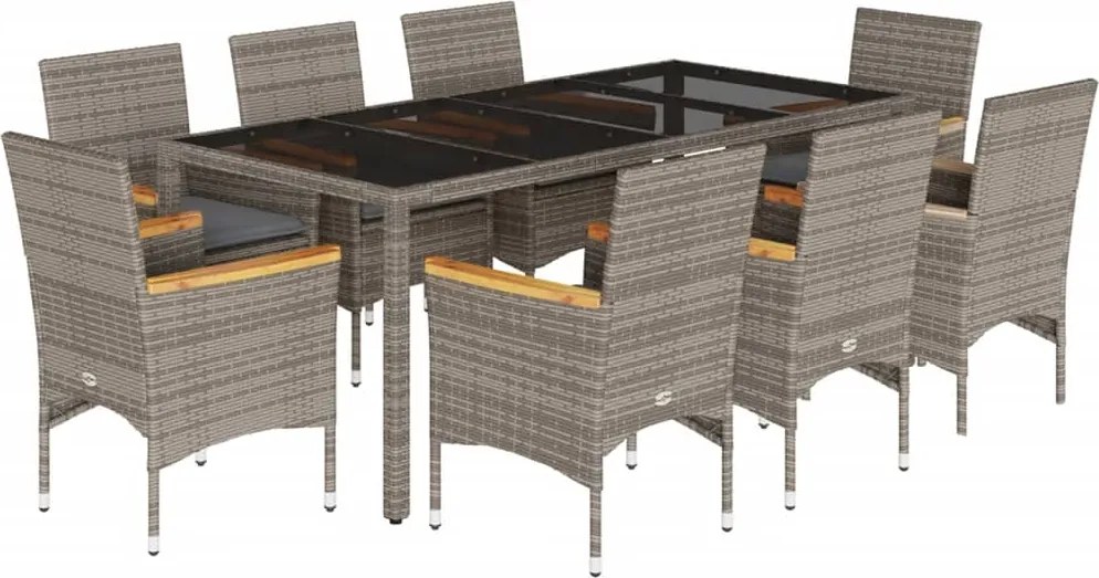 vidaXL 9 részes szürke polyrattan/üveg kerti étkezőgarnitúra párnával