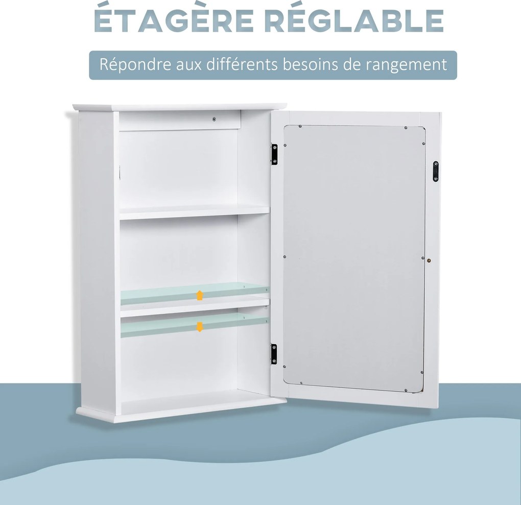 Kleankin Fali Fürdőszobai Tükörszekrény - Tükörszekrény - WC Tároló Szekrény - 1 Ajtó, 2 Polc - Fehér MDF Üveg | Aosom