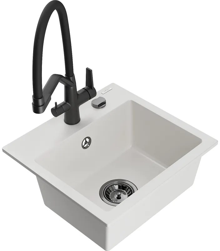 Mexen Milo 1-kamrás gránit mosogató konyhai csappal Duo, fehér - 6505-20-671701-70-B