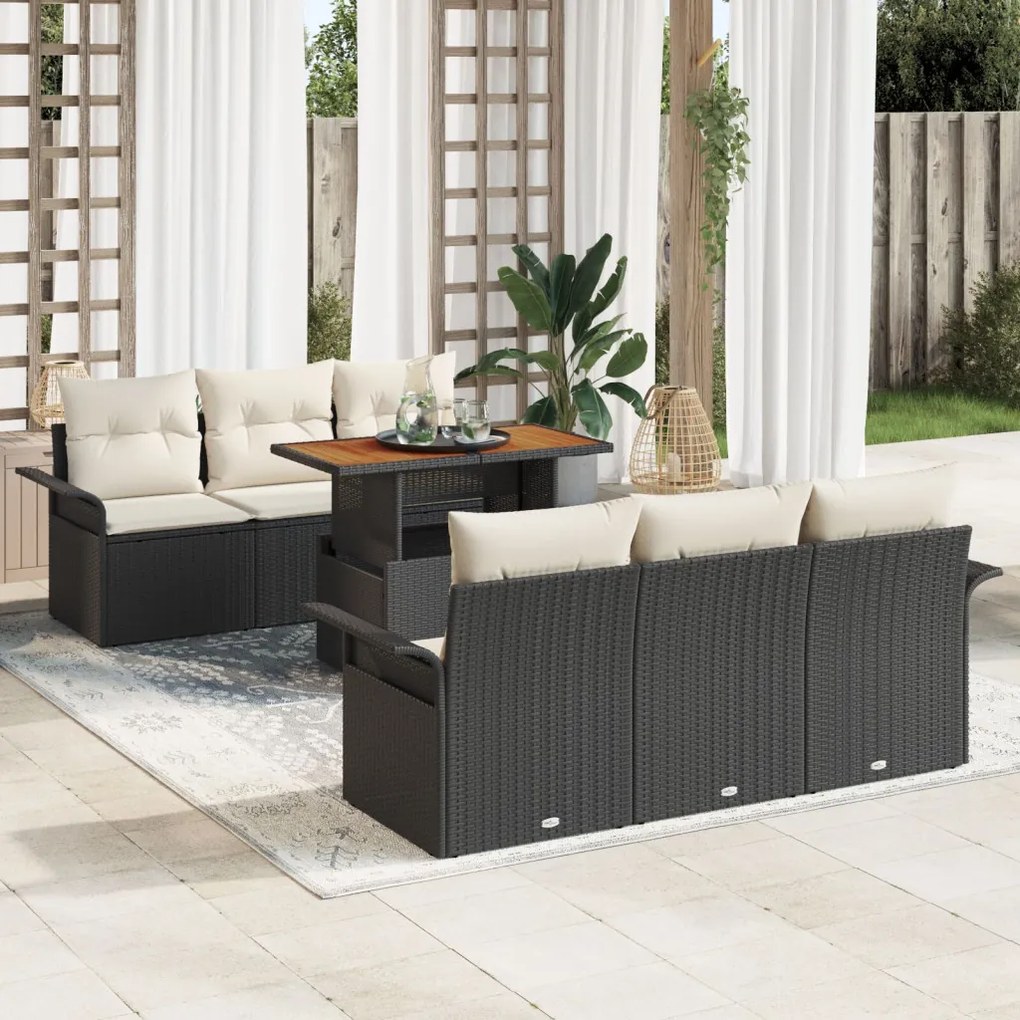 7 Darabos Kert Sofaszett Párnákkal Fekete Poli Rattan Akác