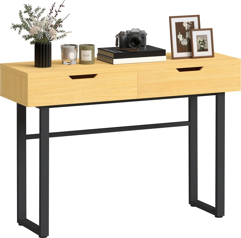 HOMCOM keskeny konzolasztal 2 fiókkal, ipari fémváz, natúr – 110 × 35 × 76,5 cm | Aosom