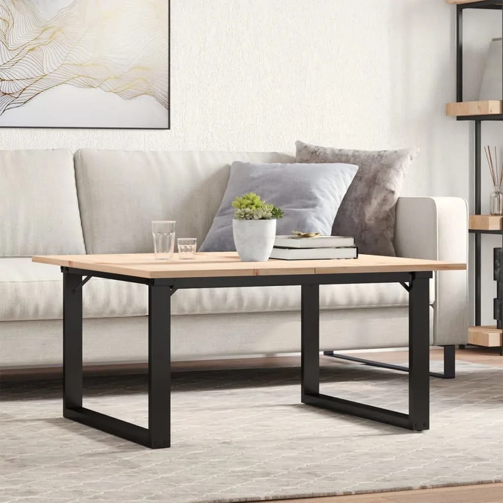 Tömör fenyőfa és acél dohányzóasztal O-vázzal 80x80x45 cm
