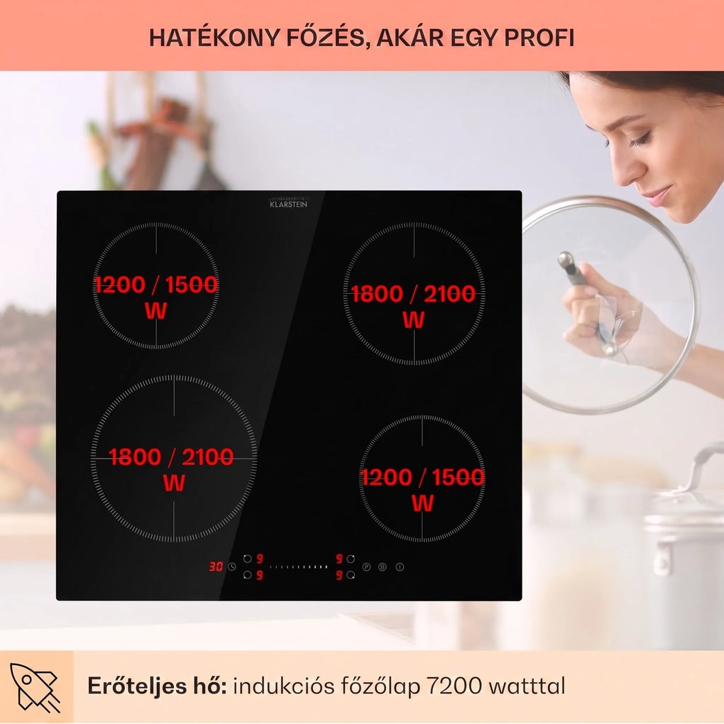 Klarstein Virtuosa EcoAdapt, indukciós főzőlap, 7200 W, 4 zóna, üveg, fekete
