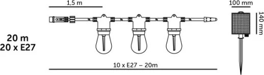 LED dimmelhető napelemes fényfüzér STARLIGHT NEO 20xE27/3,7V 2700K IP54 2400 mAh 21,5 m + távirányító