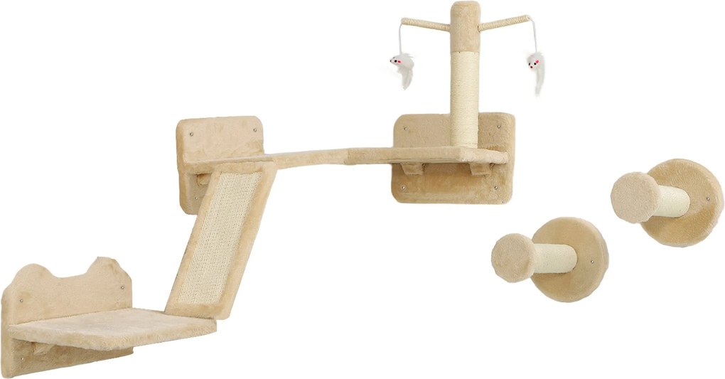 PawHut Macska Mászófal Szett, 3 Részes Macska Bútor Kaparó Lappal, Ugráló Platformokkal, Kaparó Oszloppal, Játék Labdával, 5 kg-ig Terjedő Macskáknak,