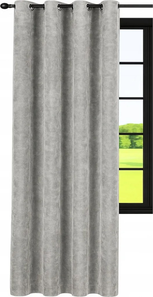 Velúr Függöny, Kész, 210x240 cm, Széles, szürke velúr függöny karikákkal