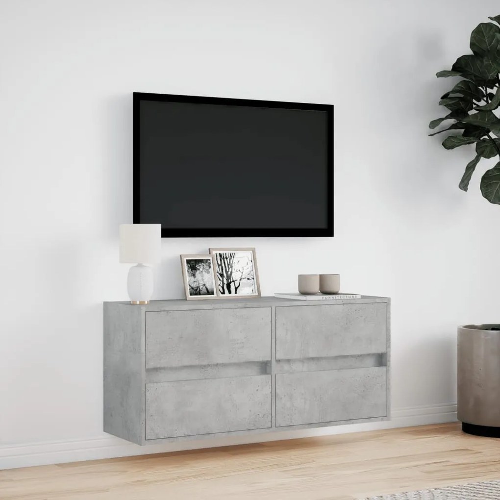 betonszürke falra szerelhető TV-szekrény LED-del 100x31x45 cm