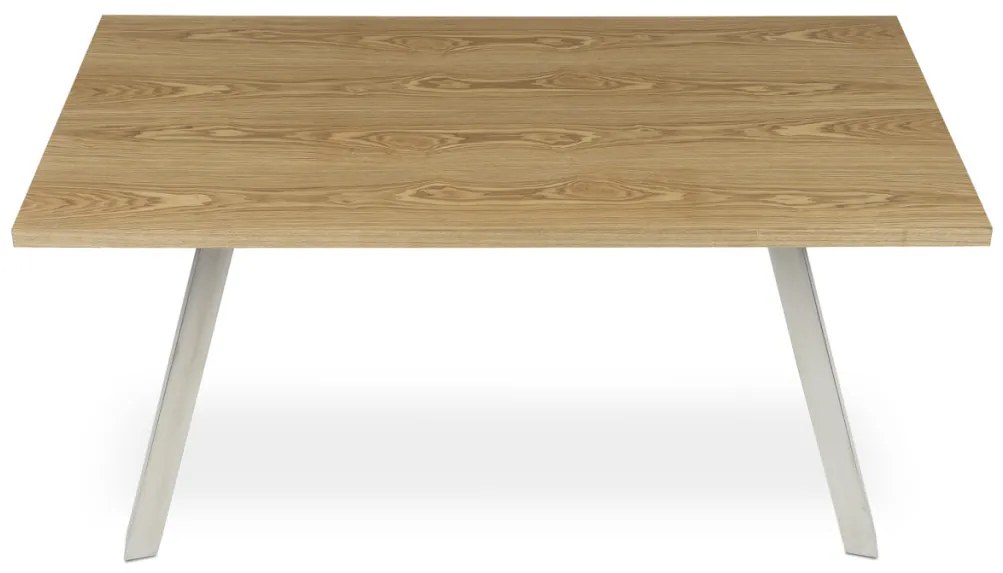 Masă de dining 160x90 cm, MDF + furnir, nuanță stejar, picioare metalice, oțel inoxidabil periat.