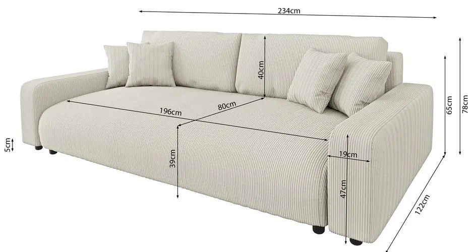 Krémszínű kordbársony kinyitható tárolóhelyes kanapé 234 cm Sara – Ropez