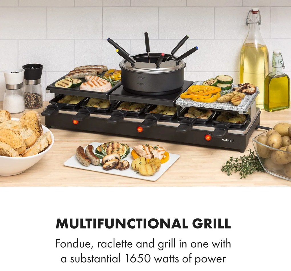 Klarstein Fonduelette XL, 3 az 1-ben raclette grill fonduevel, 1650 W, természetes kő, 12 személyre
