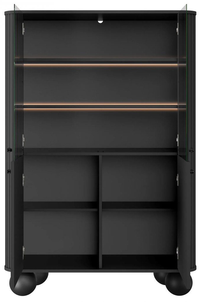 Vesper négyajtós vitrines szekrény 103 cm - fekete / fekete fogantyúk / gömb lábak