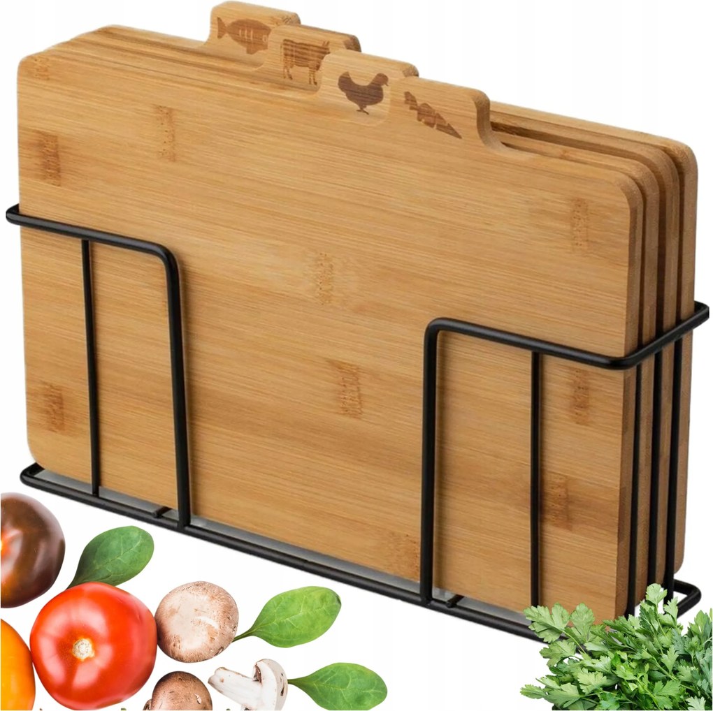 Bambusz Ételszeletelő Vágódeszka Készlet Állvánnyal 4 Konyhai deszka